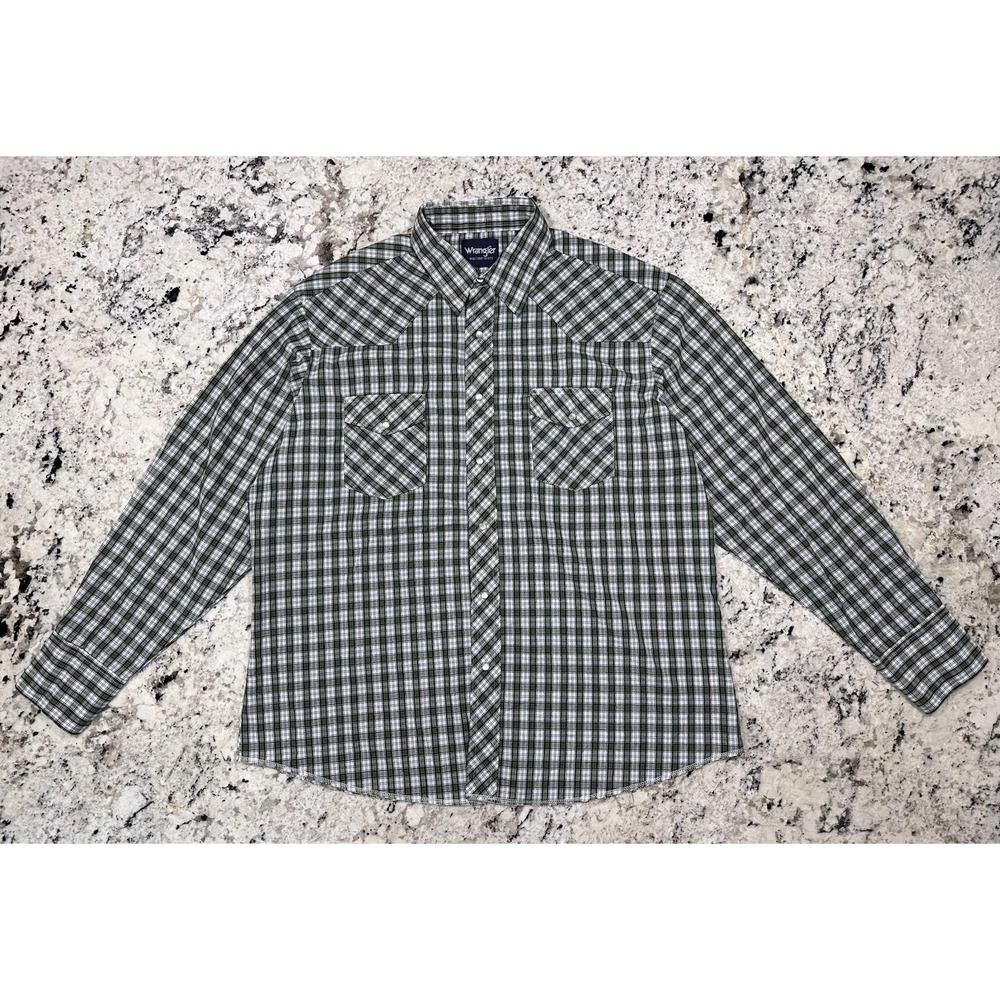 NWOT Men's XL Wrangler Long-Sleeve Green Plaid Western Pearl Snap Closure‎ Shirt